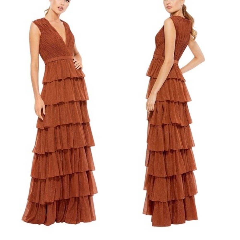 Ieena for Mac Duggal Size 24 Rust nutmeg Metallic Tiered Ruffle Maxi Gown NWT